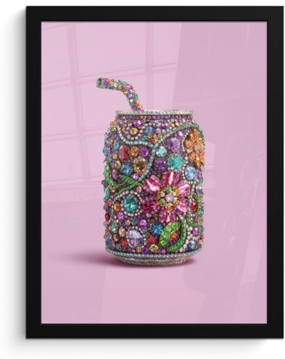 Poster in lijst - Fotolijst 30x40 cm - Posters - Frisdrankblikje - Bloemenpatroon - Edelstenen - Kleurrijk - Posterlijst zwart - Decoratie - Wanddecoratie woonkamer - Muurdecoratie slaapkamer