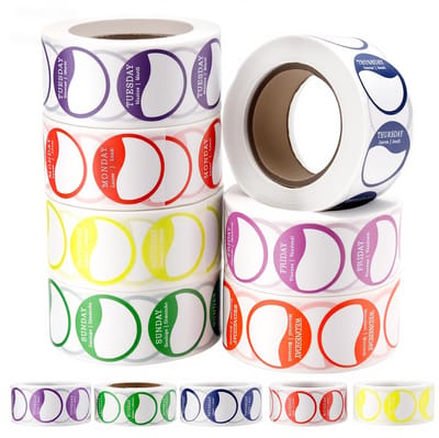 Dailygoods- Voedseletiketten 14 Rollen - Kleurgecodeerd Ontwerp - 7000 Stuks - Ronde Stickers - Duurzaam Papier - 2,5 cm - Voedselstickers