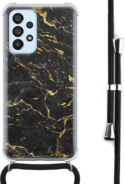 Hoesje met koord - Geschikt voor Samsung Galaxy A53 - Marmer zwart goud - Verstelbaar zwart koord - Crossbody - Marmer - Zwart, Transparant, Goud - Leuke Telefoonhoesjes