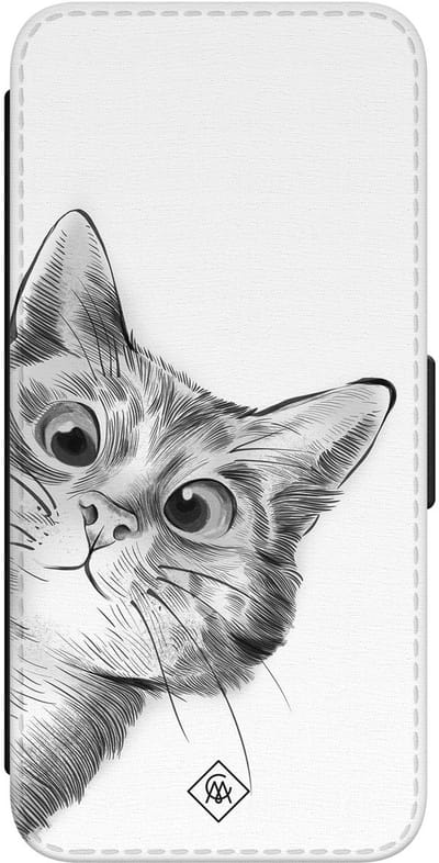 Casimoda® bookcase - Geschikt voor Samsung Galaxy S24 - Hoesje met pasjeshouder - Kat Kiekeboe - Grijs - Kunstleer
