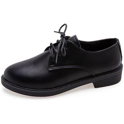Professionele Zwarte Leren Schoenen Britse Ronde Neus Dames Schoenen met Lage Instap Platte Schoenen Student Veterschoenen Enkellaags Schoenen Blokhak Casual Schoenen 36 zwart