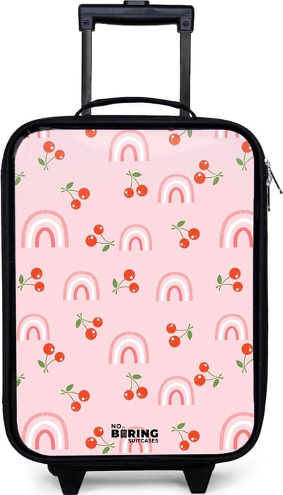 NoBoringSuitcases.com® - Kinderkoffer jongen - Kindertrolley meisje - Roze met regenboog en kersen patroon - Koffer kind lichtgewicht - Reiskoffer trolley voor kinderen - Koffertje met lichtgevende wieltjes - Rolkoffer zwart