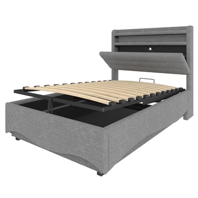 COVREO Bed met LED en USB – 90x200 cm – Eenpersoonsbed met opbergruimte – Slaapframe met plank – Grijs - zonder matras