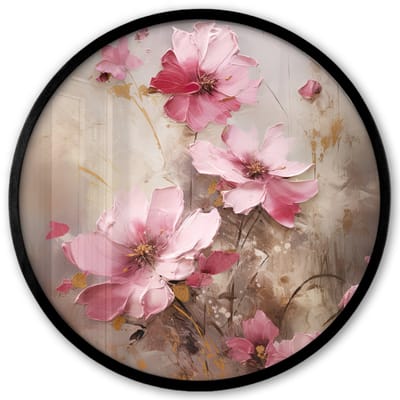 Poster in lijst Rond - Fotolijst 40x40 cm - Posters - Bloemen - Roze - Kunst - Watercolor - Ronde posterlijst zwart - Decoratie - Wanddecoratie woonkamer - Muurdecoratie slaapkamer