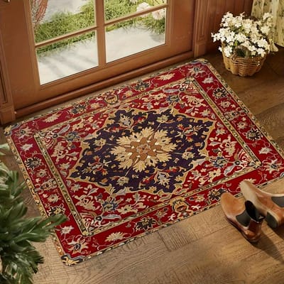 Vintage Boho Antislip Deurmat Retro Bloemendesign Rood Beige Binnen Buiten Entree Mat met Rubberen Achterkant Woondecoratie Vloerkleed 30x50cm brown