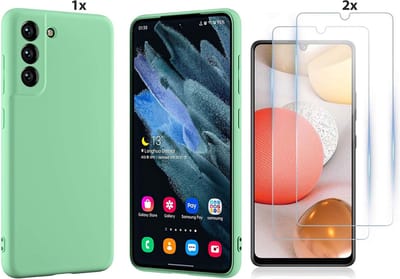 Hoesje Geschikt Voor Samsung Galaxy S21 FE Hoesje Soft Nano Silicone Backcover Gel Turqoise Met 2x Glazen Screenprotector