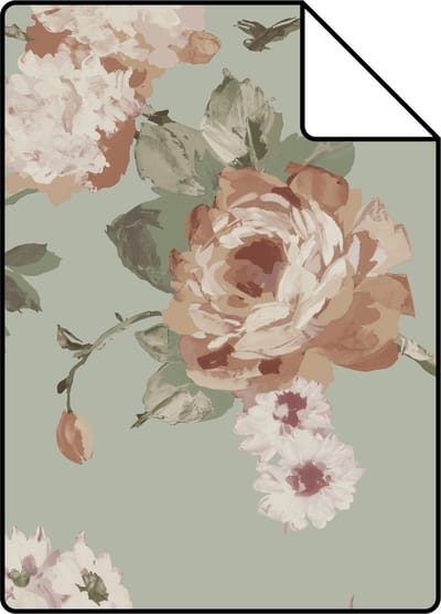 Proefstaal ESTAhome behang vintage bloemen vergrijsd mintgroen en zacht roze - 26.5 x 21 cm - 139291-S