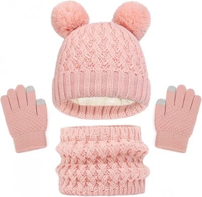 3-in-1 warme winteroutfit - gebreide wintermuts voor kinderen - muts met pompons - sjaal en handschoenen - fleecevoering - zacht en huidvriendelijk - warme nekwarmer - touchscreen handschoenen - geschikt voor kinderen van 2-8 jaar - Roze