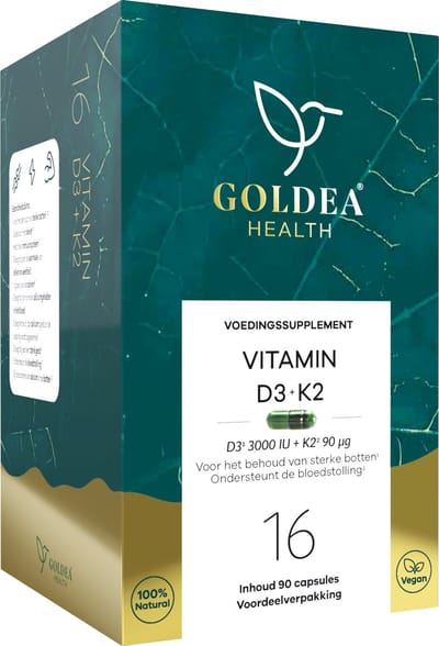 Goldea Health Vitamin D3 + K2 - Voedingssupplement - Goldea Health Vitamin D3 + K2 - Voedingssupplement - Vegan D3 uit algen (3000 IU) & K2 MK-7 - 90 capsules - Voordeelverpakking