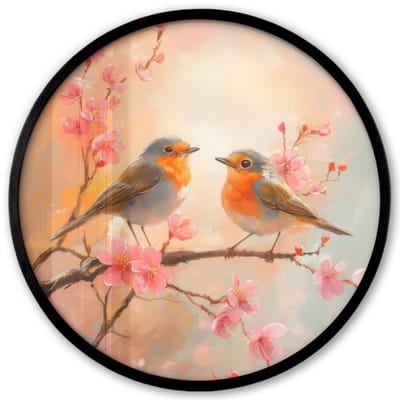 Poster in lijst Rond - Fotolijst 40x40 cm - Posters - Roodborstjes - Sierlijk - Bloesemtak - Ronde posterlijst zwart - Decoratie - Wanddecoratie woonkamer - Muurdecoratie slaapkamer