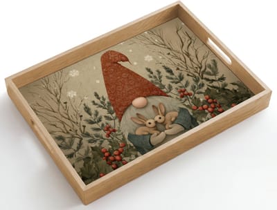 Dienblad hout 50x35 cm - Schootdienblad - Kerstgnome - Konijntjes - Kleurrijk - Borrelplank rechthoek - Plateau dienbladen