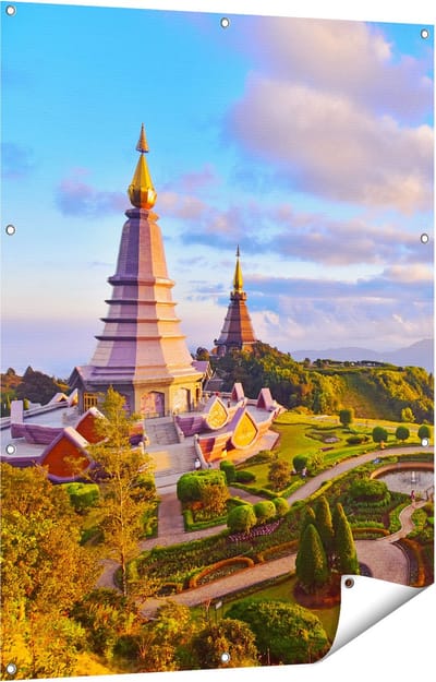 Gards Tuinposter Pagode Tempels in de Inthanon Berg in Thailand - 90x120 cm - Tuindoek - Tuindecoratie - Wanddecoratie buiten - Tuinschilderij