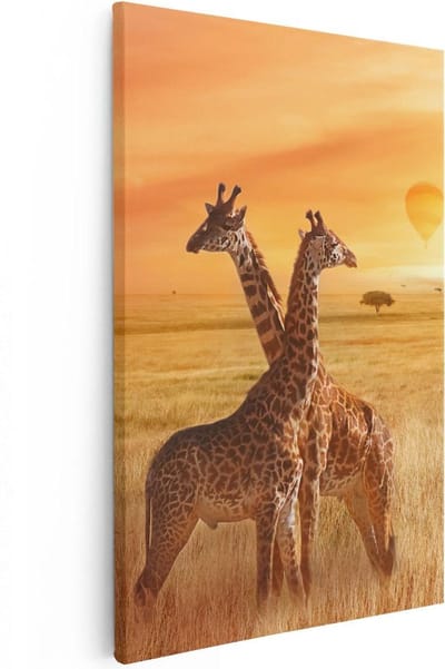 Artaza Canvas Schilderij Afrika - 20x30 cm - Klein - Wanddecoratie Giraffe - Muurdecoratie Zonsondergang - Schilderijen Op Canvas