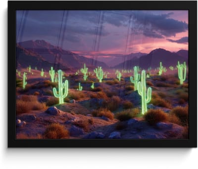 Poster in lijst - Fotolijst 40x30 cm - Posters - Neon cactussen - Woestijn - Zonsondergang - Posterlijst zwart - Decoratie - Wanddecoratie woonkamer - Muurdecoratie slaapkamer