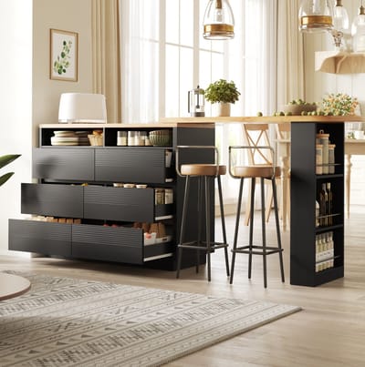 HAUSS SPOLE Bartafel - Uitschuifbare Tafel Met 6 Lades En Opbergruimte - Voor Keuken Woonkamer En Eethoek - MDF - 137-215x39x102,3 Cm - Zwart