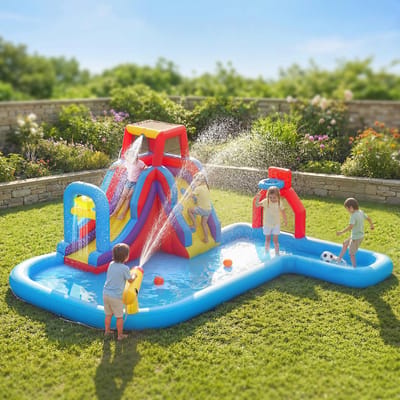 TEKROA® Springkussens - waterspringkasteel voor kinderen - met 550W blower - glijbaan - klimwand - zwembad - basketbalring en voetbaldoel