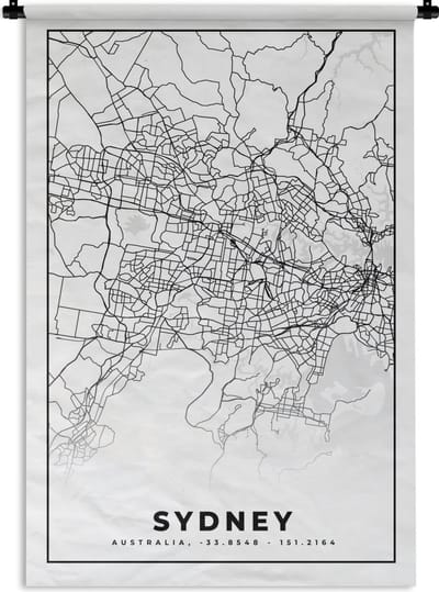 Wandkleed - Wanddoek - Sydney - Zwart Wit - Plattegrond - Stadskaart - Kaart - 120x180 cm - Wandtapijt