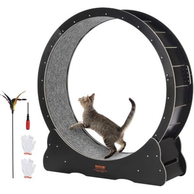 VEVOR Houten Kattenloopwiel, 110 cm Grote Kattenloopband voor Binnenkatten, Kattenloopwiel met Afneembaar Tapijt en Kattenhengel voor Hardlopen/Wandelen/Oefenen, Geschikt voor de Meeste Katten, Zwart