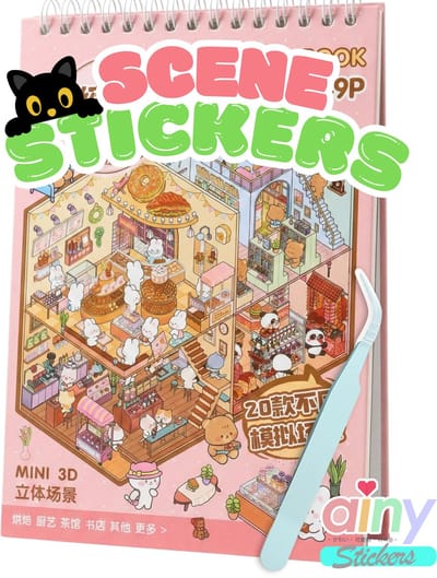 Ainy - Scene 3D Stickerboek Babyroze M | Inclusief Pincet | Set van 20 Achtergronden 13.7*19cm met PET Stickers | Kawaii Konijn & Kat miniatuur sticker | Creatief & Rustgevend vakantieboek | Stickervellen voor volwassenen en kinderen