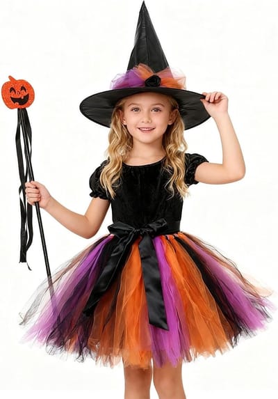 Kleurrijk Halloween Heks Kostuum voor Kinderen met Heksenhoed en Toverstok voor Feestjes en Carnavals