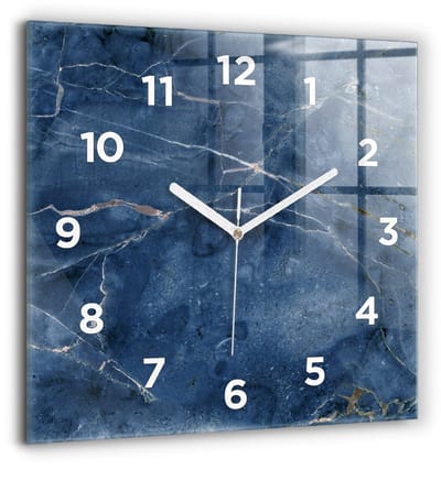 Wallfluent Wandklok - Blauwe marmertextuur Klok met Afbeelding - 60 cm x 60 cm - Blauw Wandklok - Witte Handen - Wandklok Met Cijfers - Stille Wandklok Slaapkamer - Vierkante Glas Klok - Minimalistisch Wandklok - Klok met Afbeelding