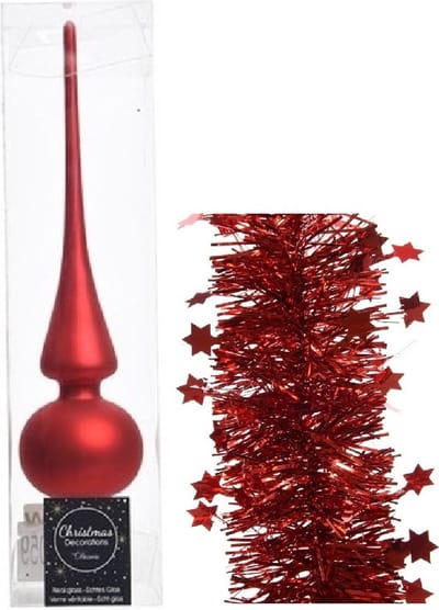 Kerstversiering glazen piek mat 26 cm en sterren folieslingers pakket rood van 3x stuks - Kerstboomversiering