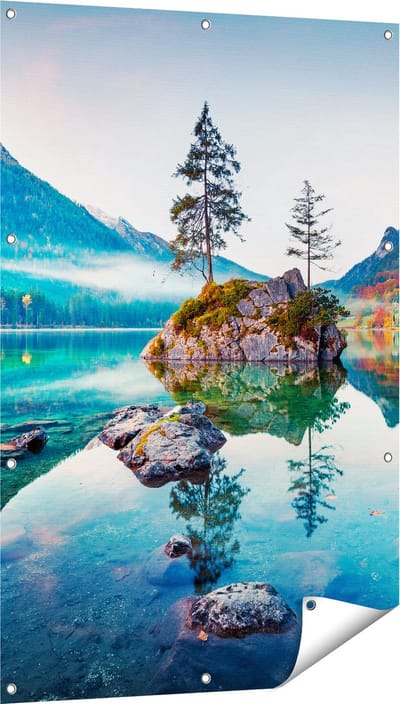 Gards Tuinposter Meer in de Bergen tijdens de Herfst - 80x120 cm - Tuindoek - Tuindecoratie - Wanddecoratie buiten - Tuinschilderij