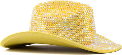 KIMU® Cowboyhoed Geel Strass Steentjes - Gele Cowgirl Western Hoed - Cowboy Diamantjes Glitter Dames Heren Foute Party Circus Yellowstone Festival