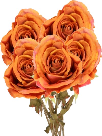Top Art Kunstbloem roos Calista - 5x - oranje - 66 cm - kunststof steel - decoratie bloemen