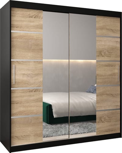 InspireMe - Kledingkast met 2 schuifdeuren, Modern-stijl, Kledingkast met planken (BxHxD): 180x200x62 - VENTILA IV 180 Zwart Mat + Sonoma Eik