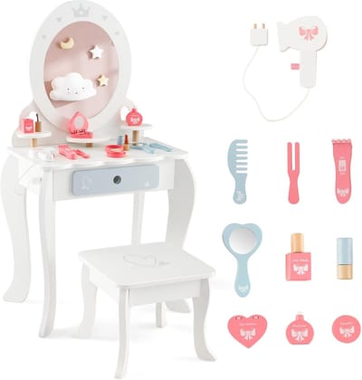 COSTWAY Make-uptafel voor kinderen, 2-in-1 kaptafel van hout met kruk, afneembare spiegel, laden en accessoires, make-upcommode prinses voor kinderen vanaf 3 jaar