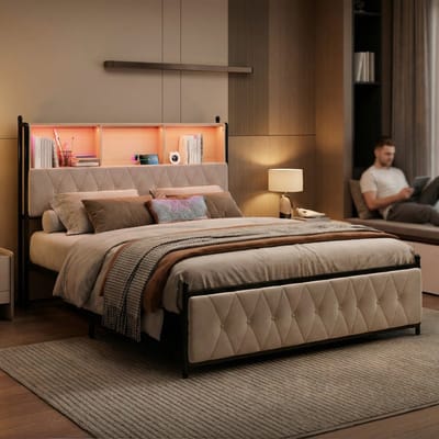 Tweepersoonsbed 140x200 Beige Fluweel – Met Hoofdbord Opbergruimte, 4 Lades, RGB LED & USB/USB-C – Gestoffeerd Bed