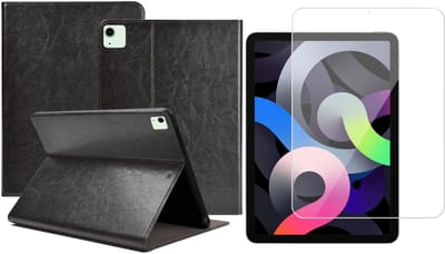 Hoes geschikt voor iPad Air 2022 / 2020 10.9 inch - Leren Book Case Cover Zwart - Tempered Glass Screenprotector