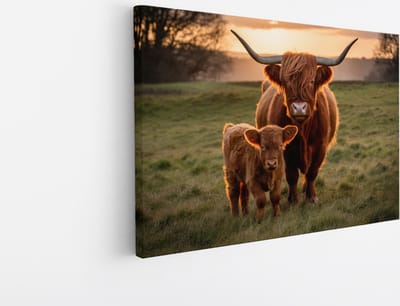 Saammp Canvas Schilderij - Schotse Hooglander Koe tussen de roze bloesem - Dieren - Natuur - 45x30 - Foto op canvas - Wanddecoratie - muurdecoratie Woonkamer - Slaapkamer decoratie - Canvas Print