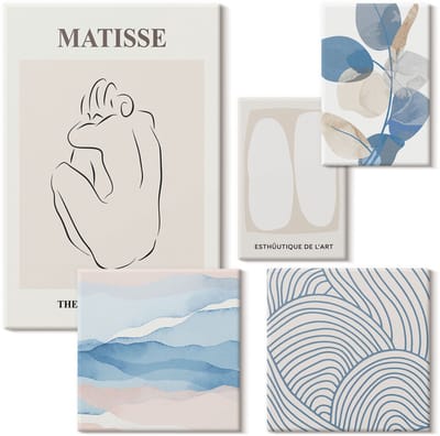 Wallfluent Set van canvas schilderijen - Stijlvolle graphics met abstracte motieven en natuur Canvas Schilderijen Set - Set van 5 Canvas Schilderijen - Blauw Set van Canvas Prints - Abstractie Canvas Kunst Set - Boheemse Canvas Kunst Set