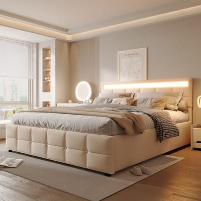 STILVORA Gestoffeerd Bed 180x200 cm - Zacht Hoofdeinde met LED Verlichting en Lattenbodem - Hydraulische Opbergruimte Onder Bed - Voor Studentenkamer - Fluweel Beige - Zonder matras