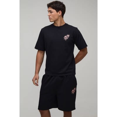 Regular Fit T-shirt Met Roos Borduursel & Regular Fit Short Set | Black | Size Small