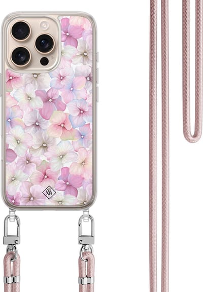 Casimoda® hoesje met koord - Geschikt voor iPhone 16 Pro - Hortensia - Afneembaar koord - TPU/polycarbonaat - Paars