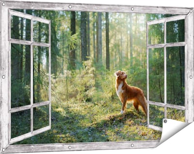 Gards Tuinposter Doorkijk Retriever Hond in het Bos met Zon - 120x80 cm - Tuindoek - Tuindecoratie - Wanddecoratie buiten - Tuinschilderij