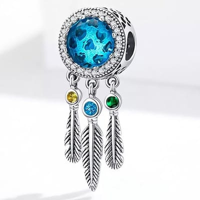 Fler® | 925 Sterling Zilver Bedel | Dromenvanger | Zirkonia | Geel, Blauw & Groen | Dream Catcher | Past op populaire bedel armbanden (standaard-3mm) | armbandbedel | Bedels Charms Beads | Valentijnsdag Cadeau | Sinterklaas kado | Kerstcadeau