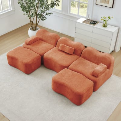 Frameloze Modulaire Bank - U-Vormige Sofa Met 2 Poefs - Diepe Zit - Oranje