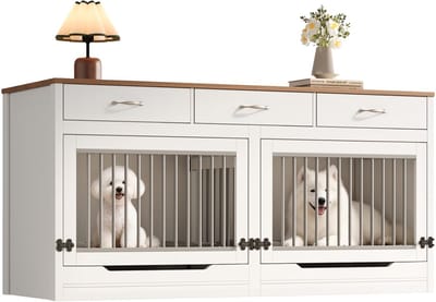Hondenbench meubel - Hondenhok 164x60x81 cm - 2 honden - 3 lades - Uitneembare scheidingswand - opklapbaar blad - wit - Hondenkooi - houtlook