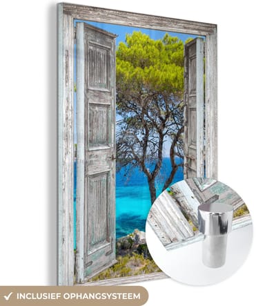 MuchoWow® Glasschilderij 30x40 cm - Schilderij acrylglas - Boom - Tropisch - Zee - Doorkijk - Strand - Foto op glas - Schilderijen