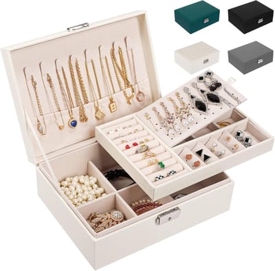 Famanu – Sieradendoos met twee lagen, kunstleren sieradenorganizer voor ringen, oorbellen en kettingen, wit