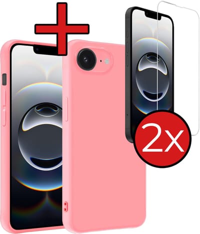 Hoesje - Met 2x Screenprotector - Geschikt voor Apple iPhone 16e / 17e - Sterk & Shockproof - Telefoon Hoes - Back Cover - Siliconen Case - Telefoonhoes - Lichtroze