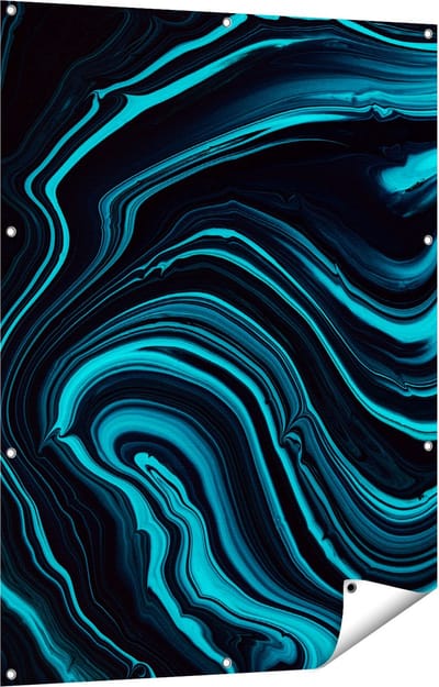 Gards Tuinposter Abstracte Kunst - Aqua Blauw met Zwart - 90x120 cm - Tuindoek - Tuindecoratie - Wanddecoratie buiten - Tuinschilderij
