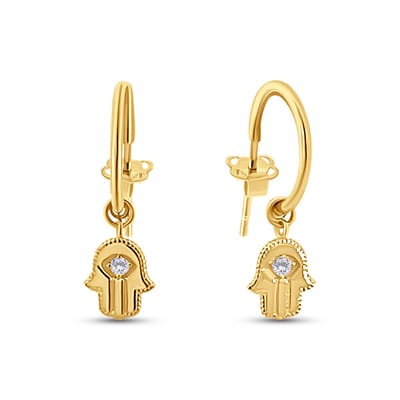 New Bling 9NBSAM-G230231 Gouden Oorbellen met Hangertje - Halve Oorringen - 11mm Doorsnee - 6mm Fatima Handje - Zirkonia - 14 Karaat - Goud