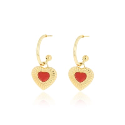 Gold coloured earrings with red heart charm