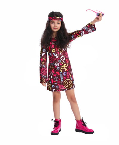 Kostuum Meisjes Hippie Kleurrijk – 4-6 Jaar – Inclusief Jurk en Hoofdband – Carnaval & Verkleedkleding