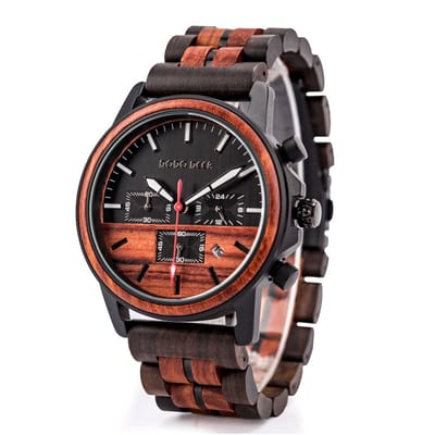 HO23-D15.3 - Donkerbruin houten heren Chronograaf horloge, band houten schakels, dag, horlogesluiting ** KADO edelsteen armband